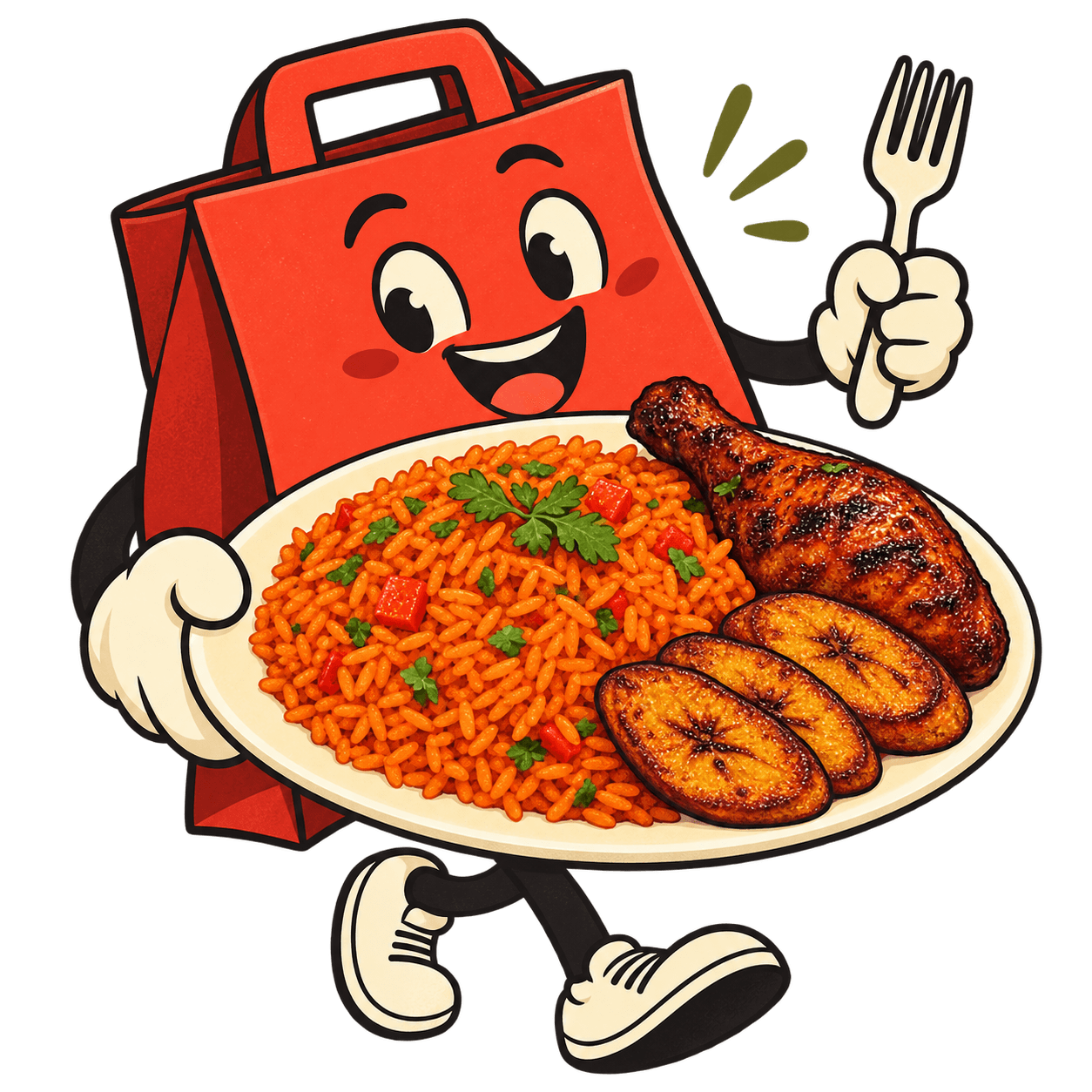A Mando takeaway mascot presenting jollof rice, chicken and plantain