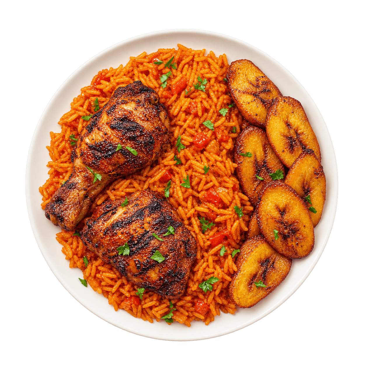 A plate of smoky jollof rice, grilled chicken and plantain