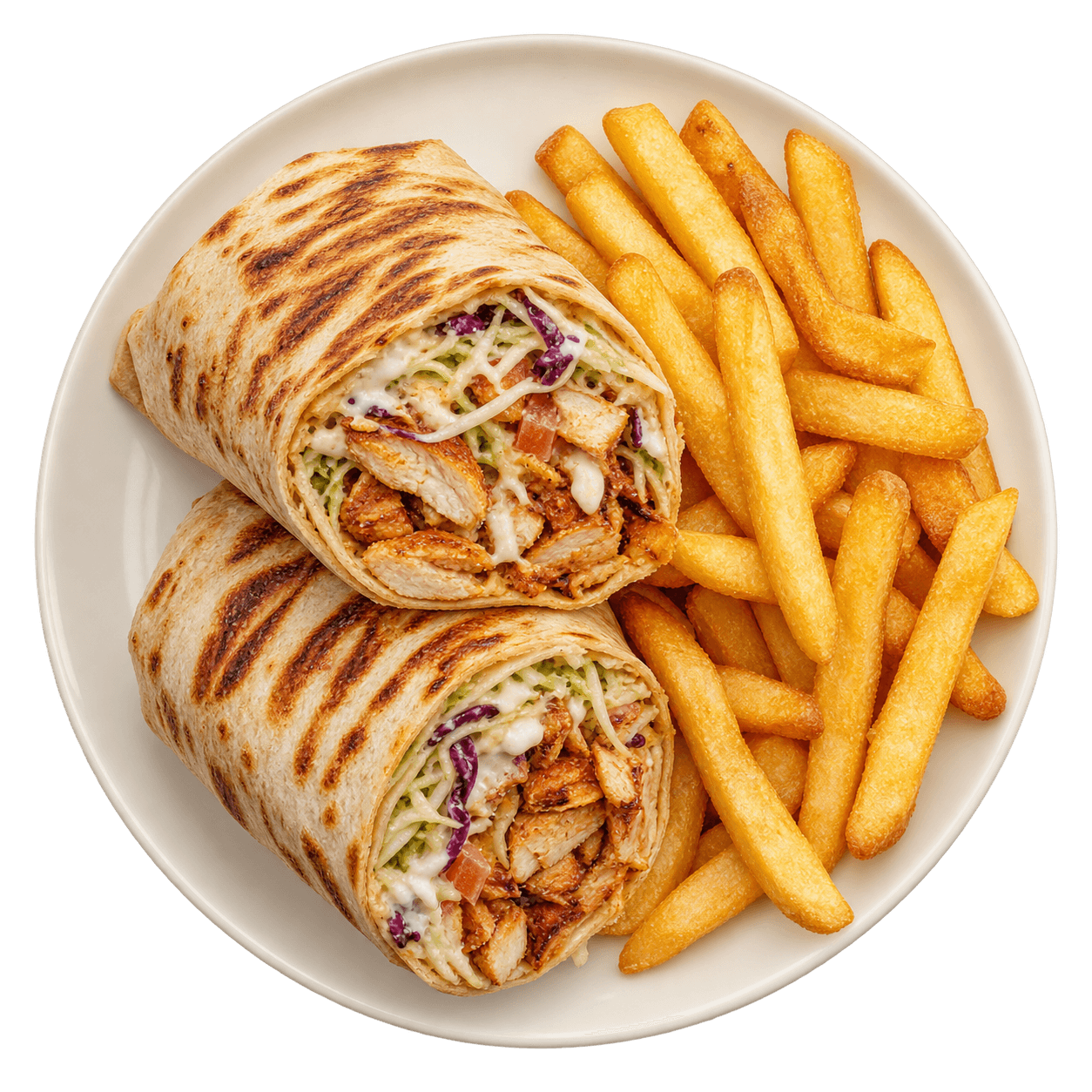 Toasted chicken shawarma halves with golden fries