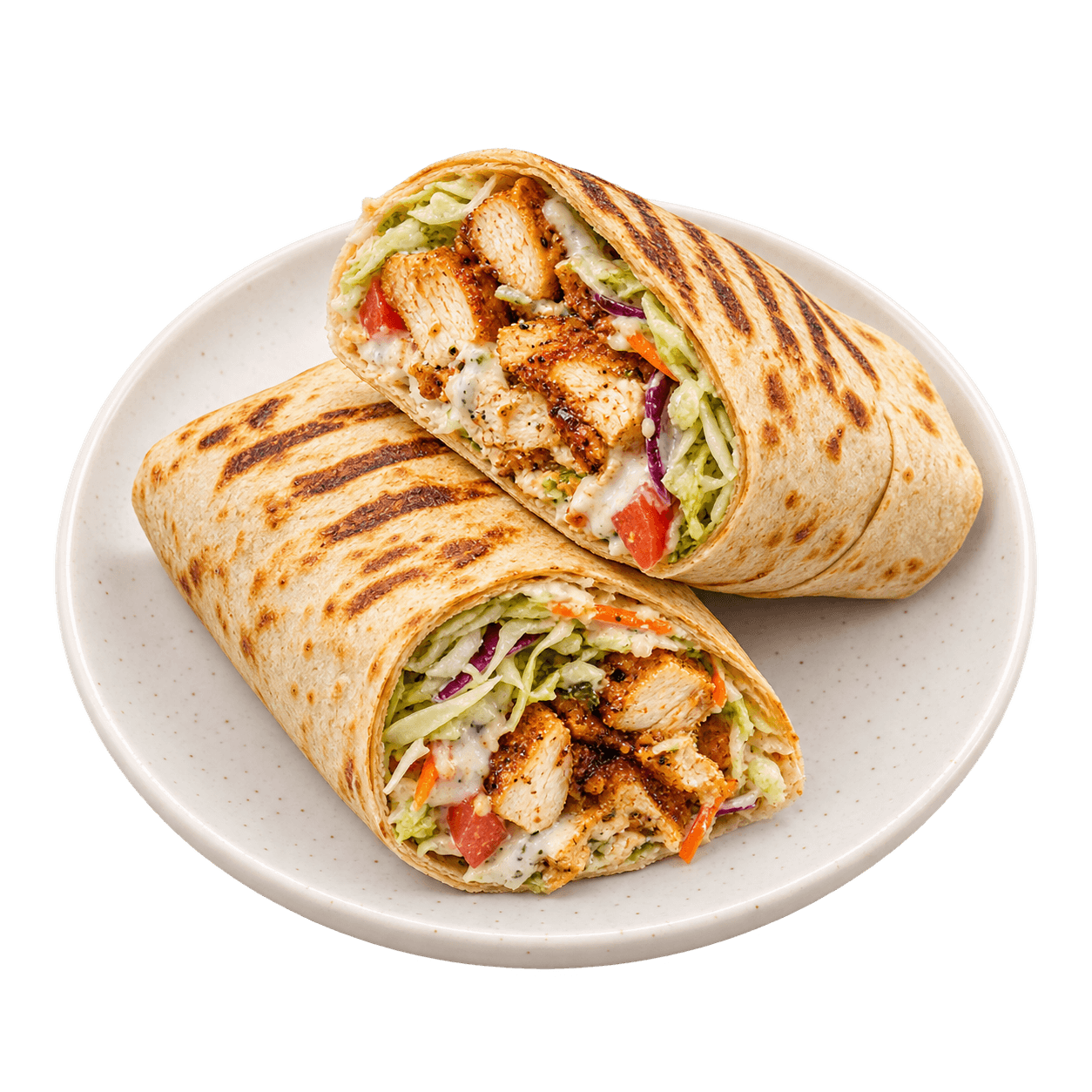 Grilled chicken shawarma cut in half