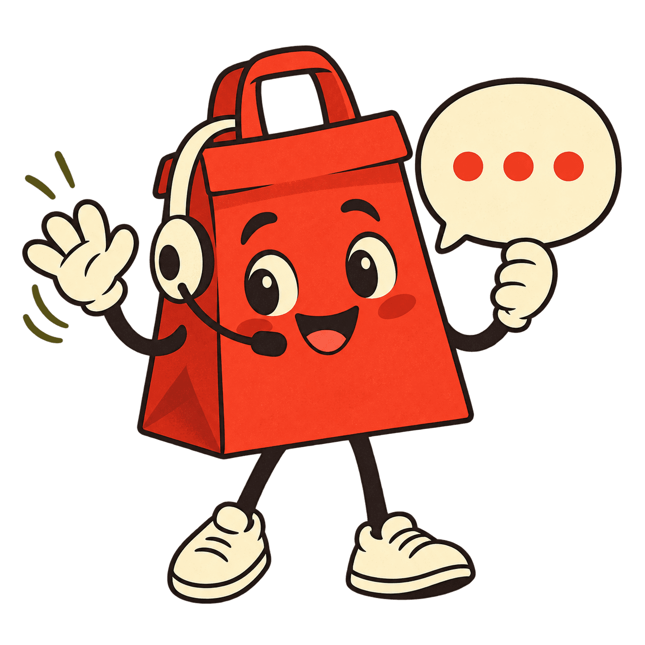 A friendly Mando mascot with a headset and speech bubble