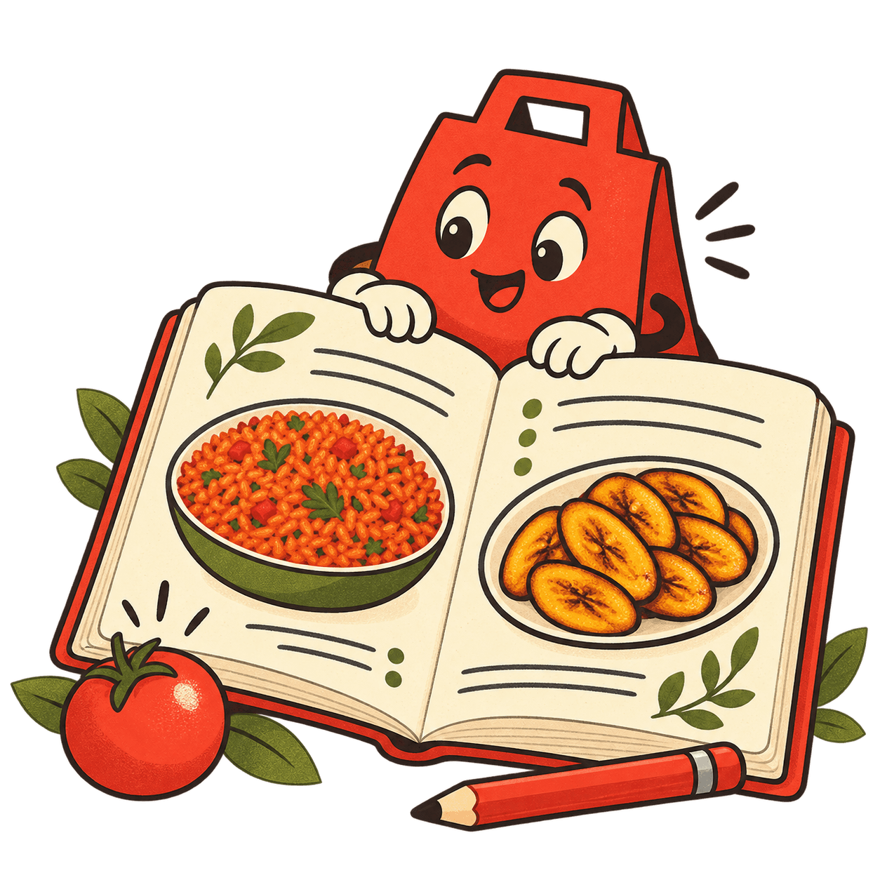 An open food notebook with a Mando mascot and illustrated dishes