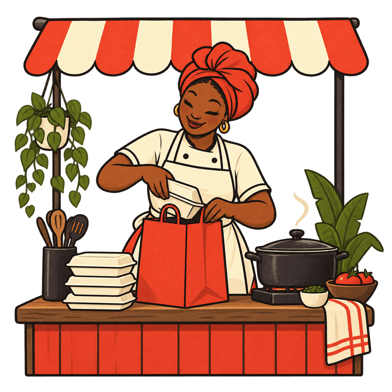 A restaurant chef packing a freshly prepared meal for delivery