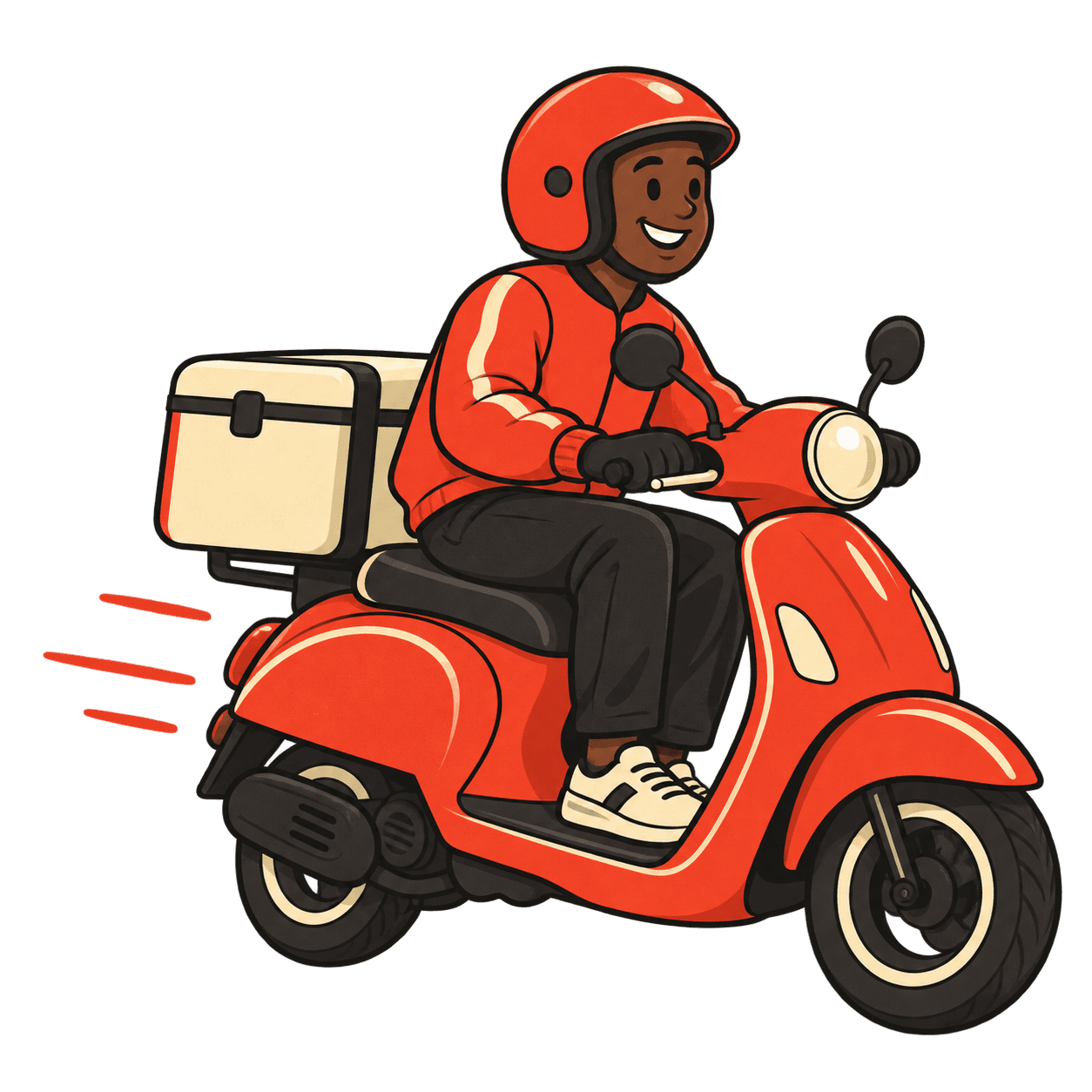 A helmeted delivery rider on a red scooter with a food delivery box
