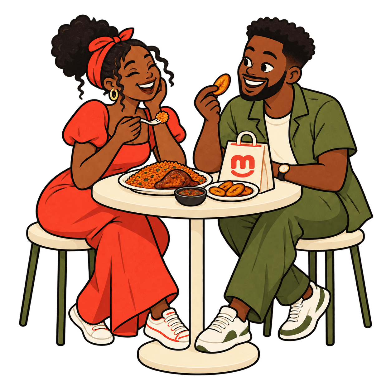 Two friends sharing a meal around a small table